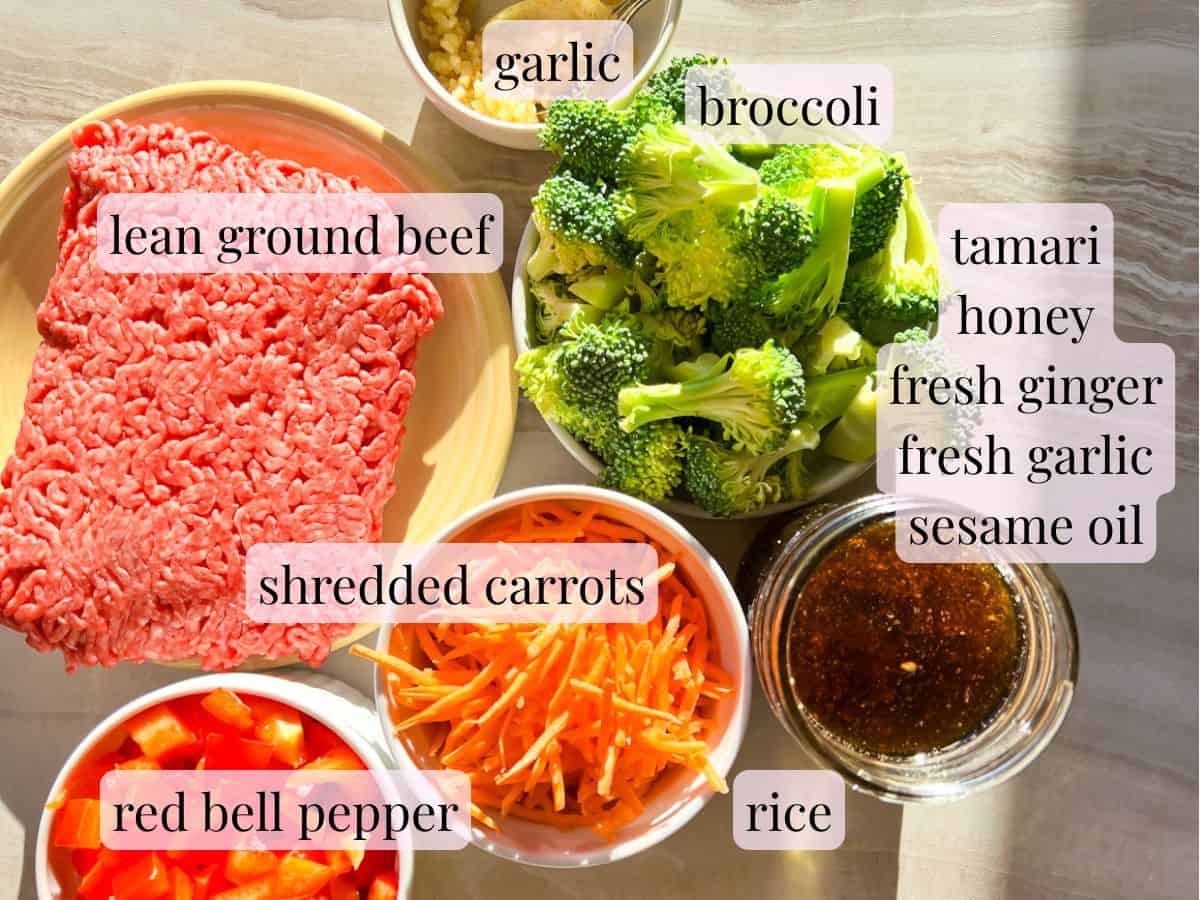 Teriyaki beef bowl ingredients in bowls and labeled.