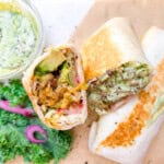 Finished and halved buffalo chicken wrap.