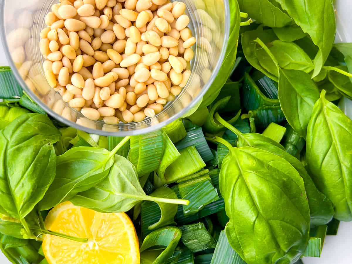 Pesto ingredients on a plate.