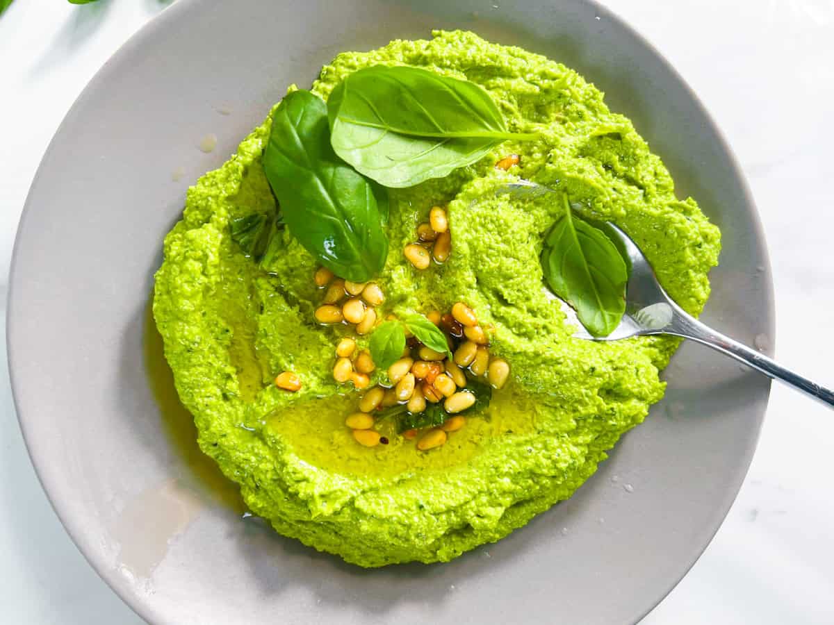 Finished pesto on a gray plate.